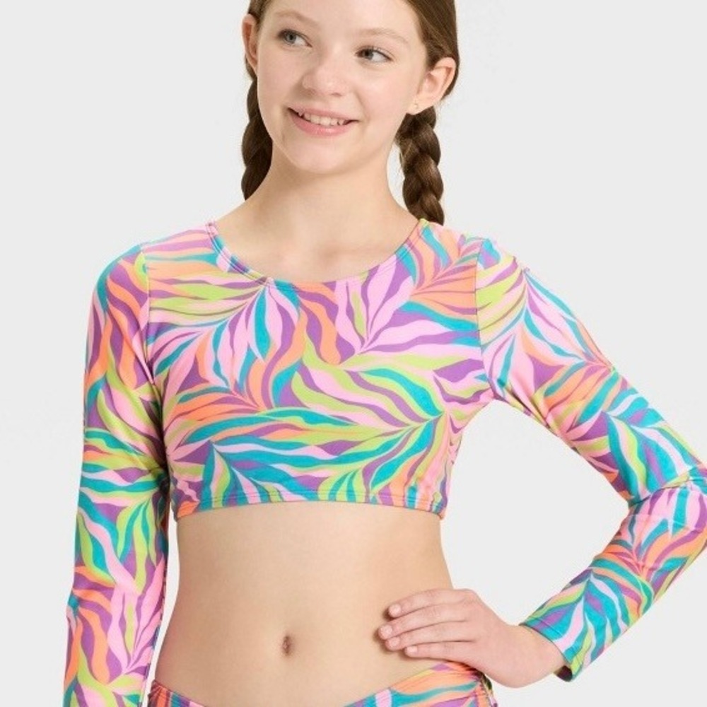 Art Class Girls Long Sleeve Rash Guard Swim Top Tropical Leaf Print Purple Large